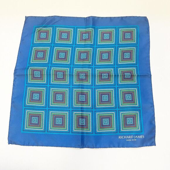 Richard James Savile Row Scarf Pocket Square Blue Rainbow Geometric Italian Silk - Picture 1 of 4